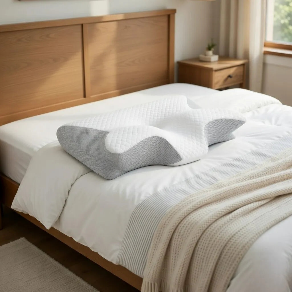 Gray wedge pillow on a white bed in a bedroom setting