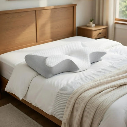 Gray wedge pillow on a white bed in a bedroom setting