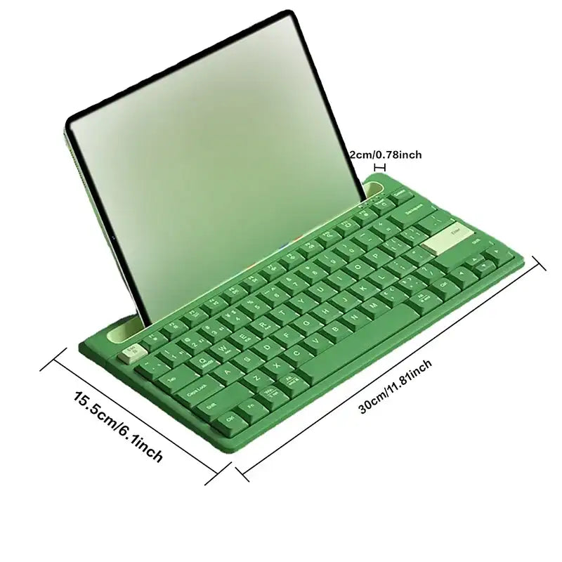 Green keyboard and tablet with dimensions indicated on a white background