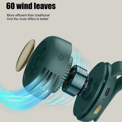 Green Portable Fan with sound waves and text on a beige background