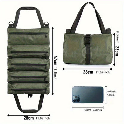 Green bag with dimensions and a smartphone for scale on a white background