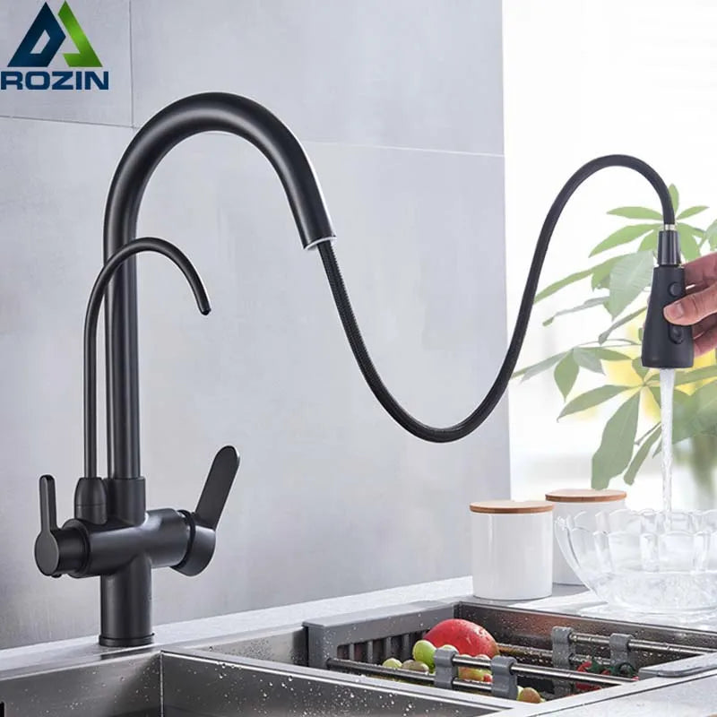 3-Way Filter Kitchen Faucet 360° Rotating Black Water Purifier Mixer Tap