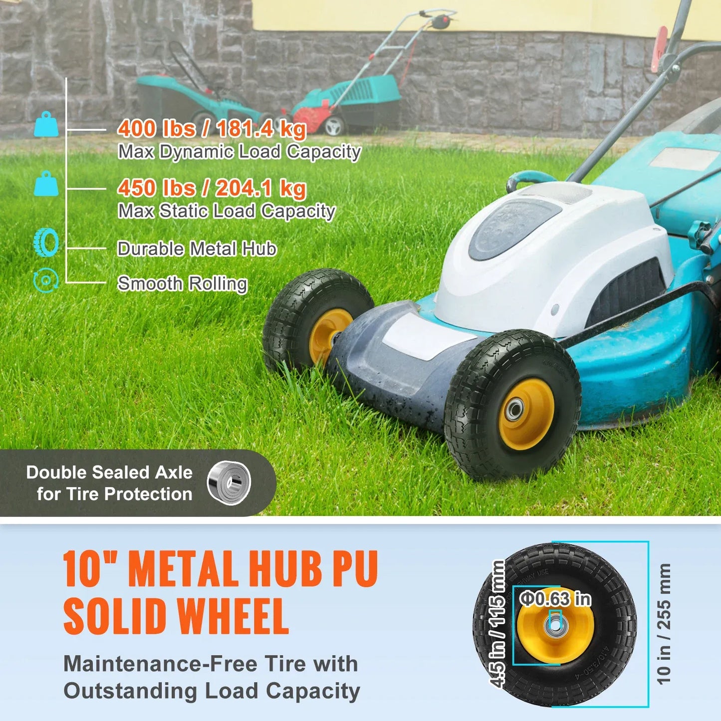 2-Pack 10" Solid PU Run-Flat Tires & Wheels – Flat-Free Tubeless Replacement for Dollies, Garden Trailers, Wagons & Hand Trucks
