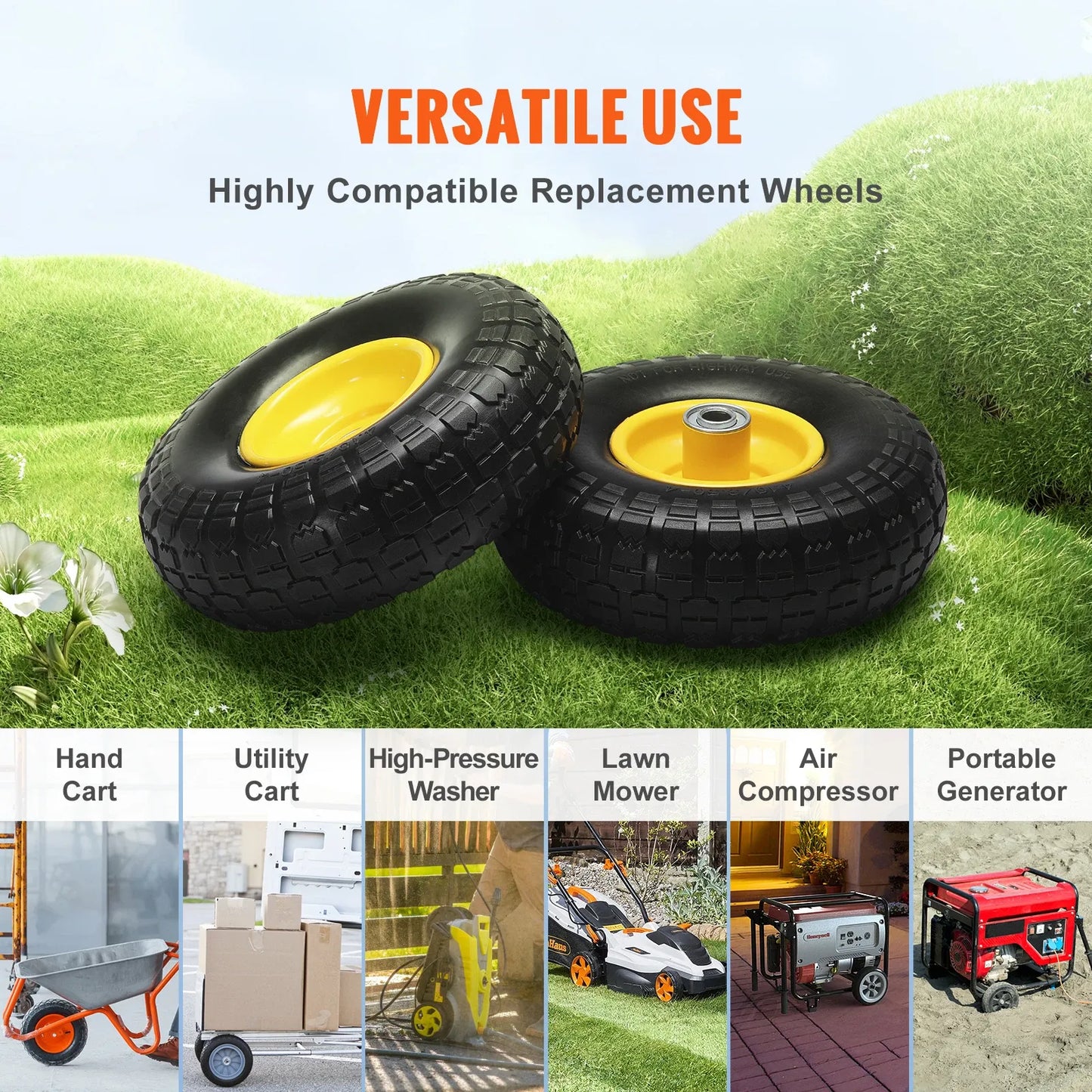 2-Pack 10" Solid PU Run-Flat Tires & Wheels – Flat-Free Tubeless Replacement for Dollies, Garden Trailers, Wagons & Hand Trucks