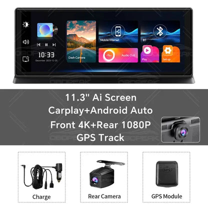 11.3" 4K Dual Lens Car DVR Dash Cam with Wireless CarPlay & Android Auto, GPS, 5G WiFi, FM & AUX
