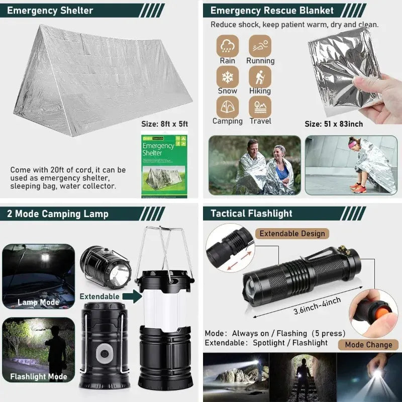 262PCS Survival Gear & First Aid Kit with Crossbody Bag, Tent, Axe, Shovel & Camping Essentials