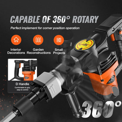 1400W Heavy-Duty Demolition Jack Hammer | 2900 BPM Electric Concrete Breaker with 2 Chisel Bits