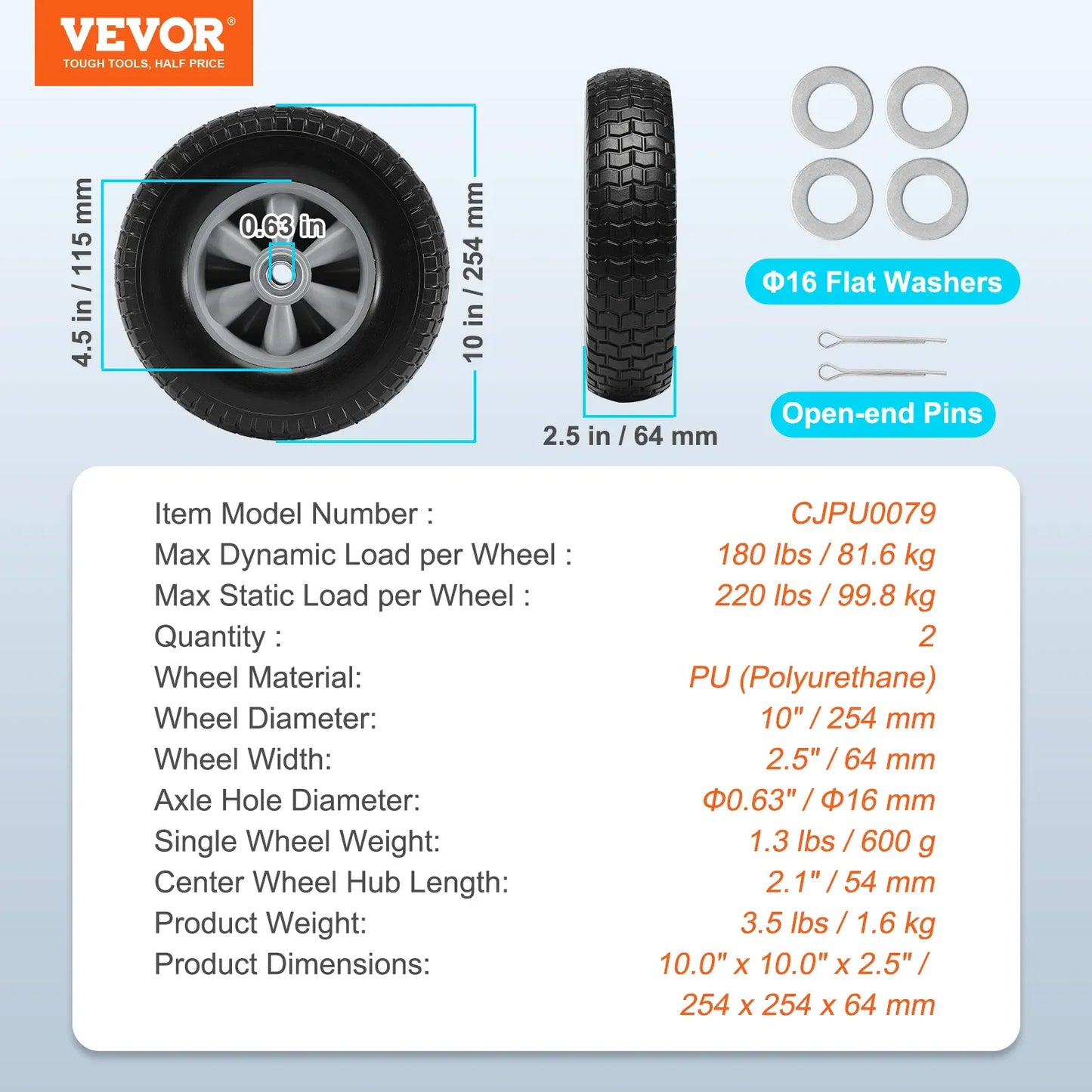 2-Pack 10" Solid PU Run-Flat Tires & Wheels – Flat-Free Tubeless Replacement for Dollies, Garden Trailers, Wagons & Hand Trucks