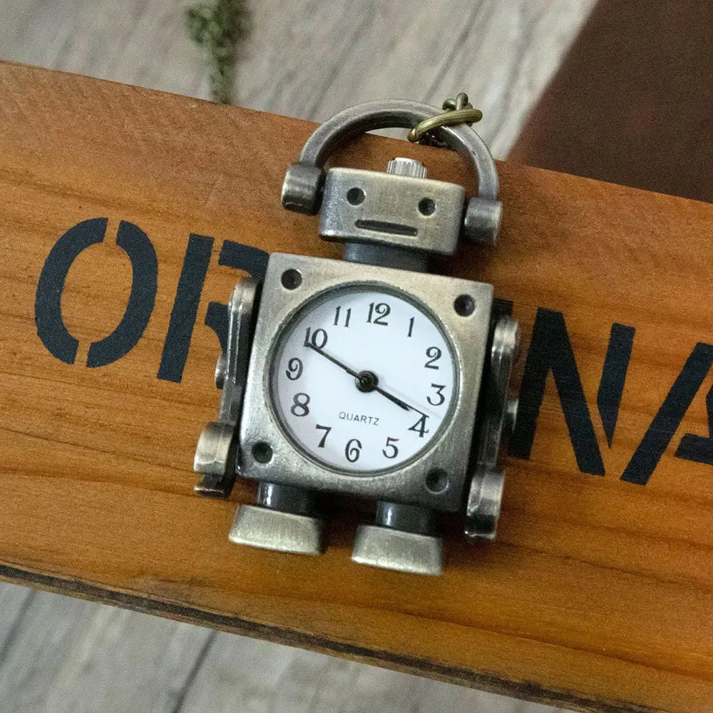 Vintage Robot Quartz Pocket Watch Round Dial Keychain & Bag Charm
