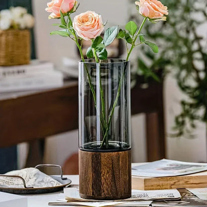 Hydroponic Glass Vase – Minimalist Wooden Base Decor