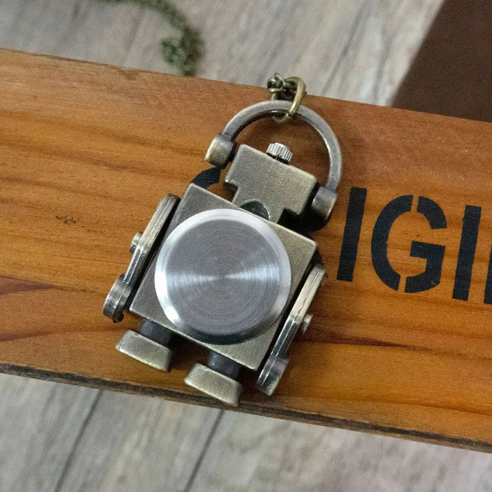 Vintage Robot Quartz Pocket Watch Round Dial Keychain & Bag Charm