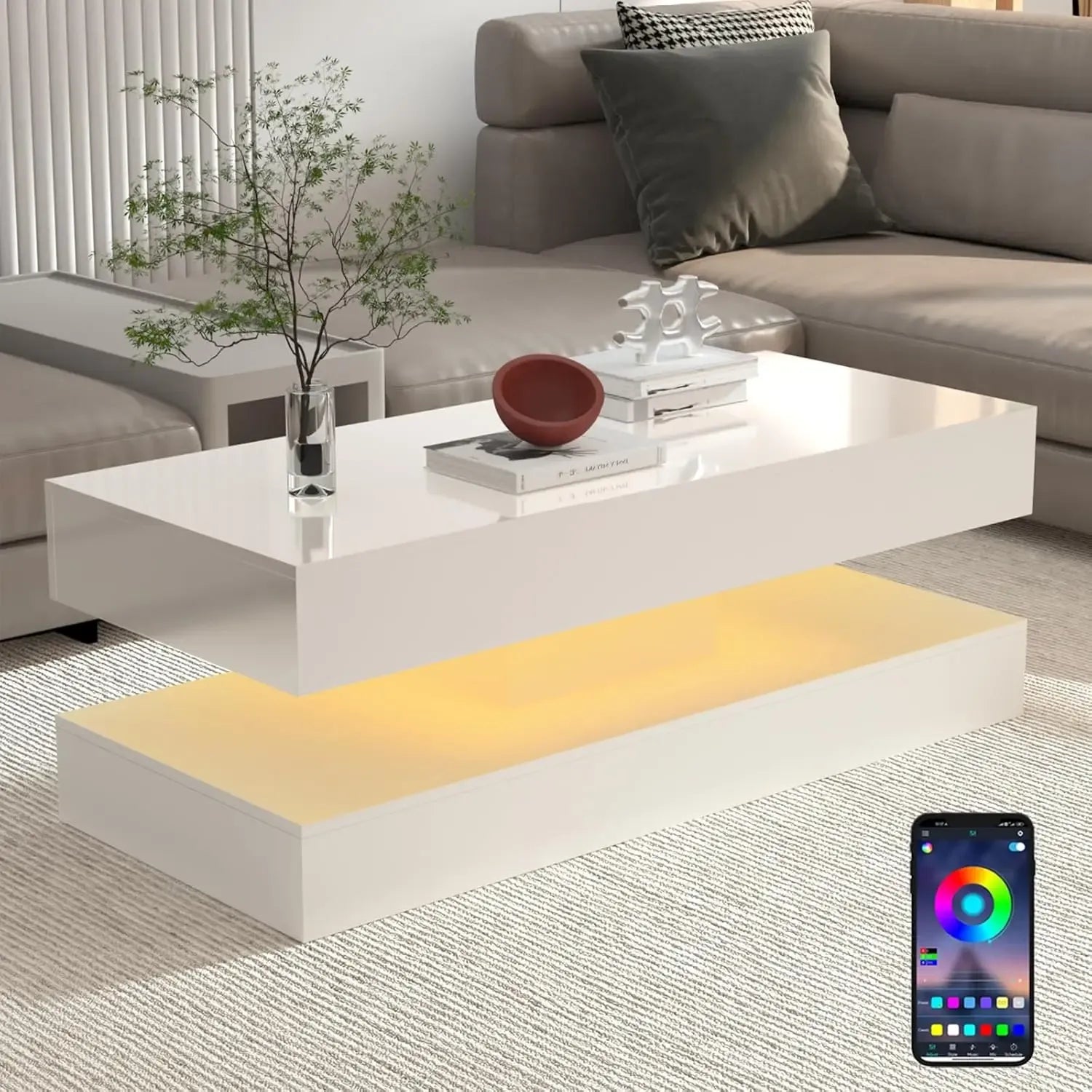 Modern LED Coffee Table 20 Colors Double-Layer Design High Gloss & 2 Storage Drawers