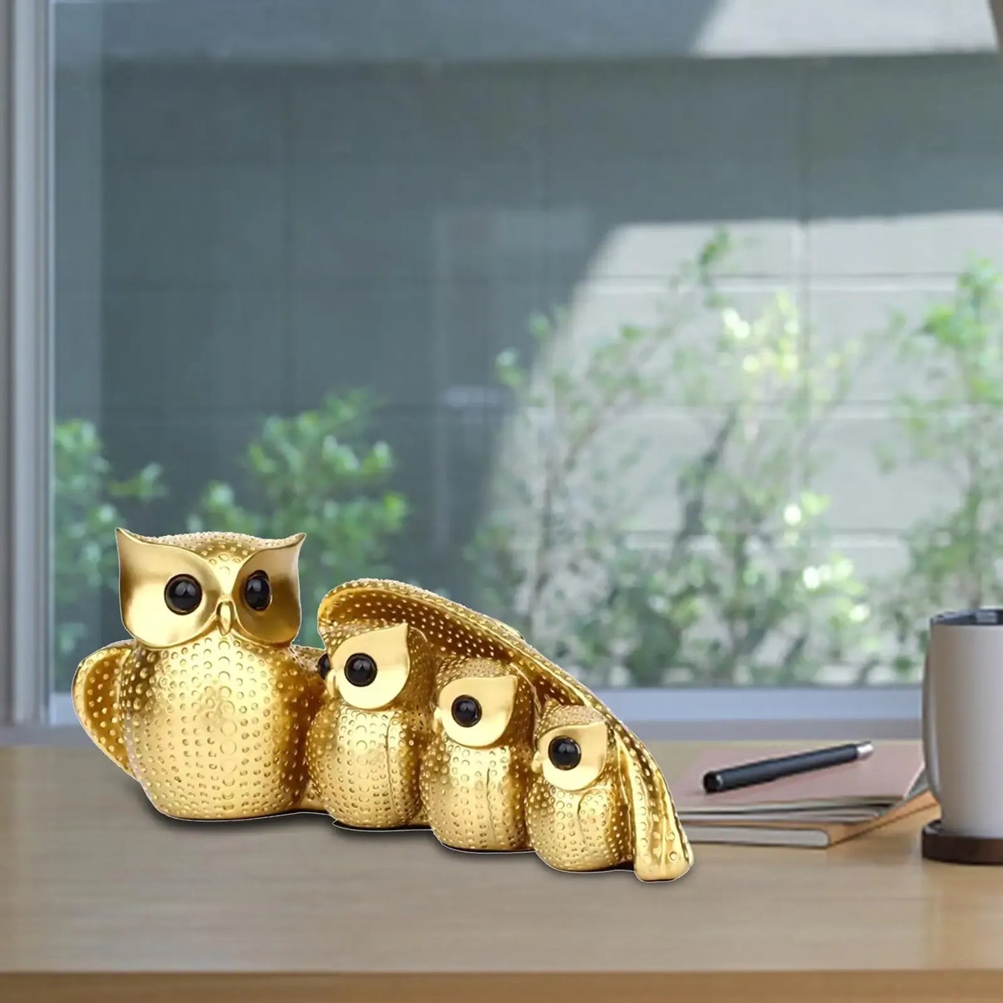 Golden Owl Family Statue – Decorative Owl Figurine Home Decor Sculpture