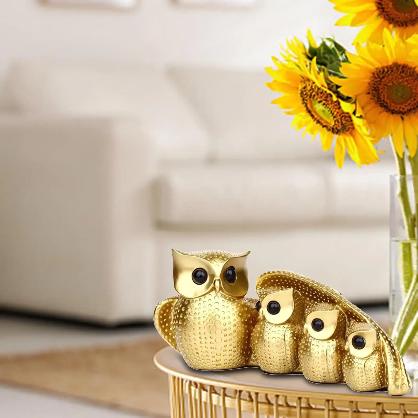 Golden Owl Family Statue – Decorative Owl Figurine Home Decor Sculpture