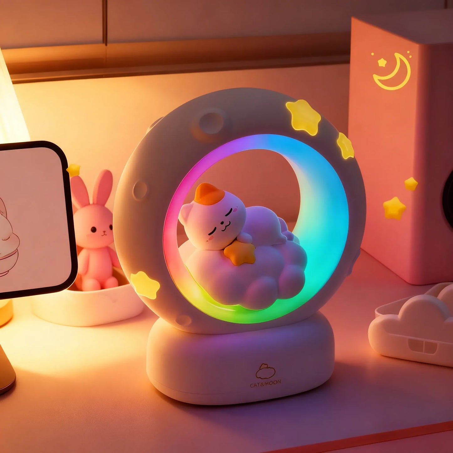 Cute Moon Rabbit LED Night Light USB Rechargeable Touch Sensor Lamp