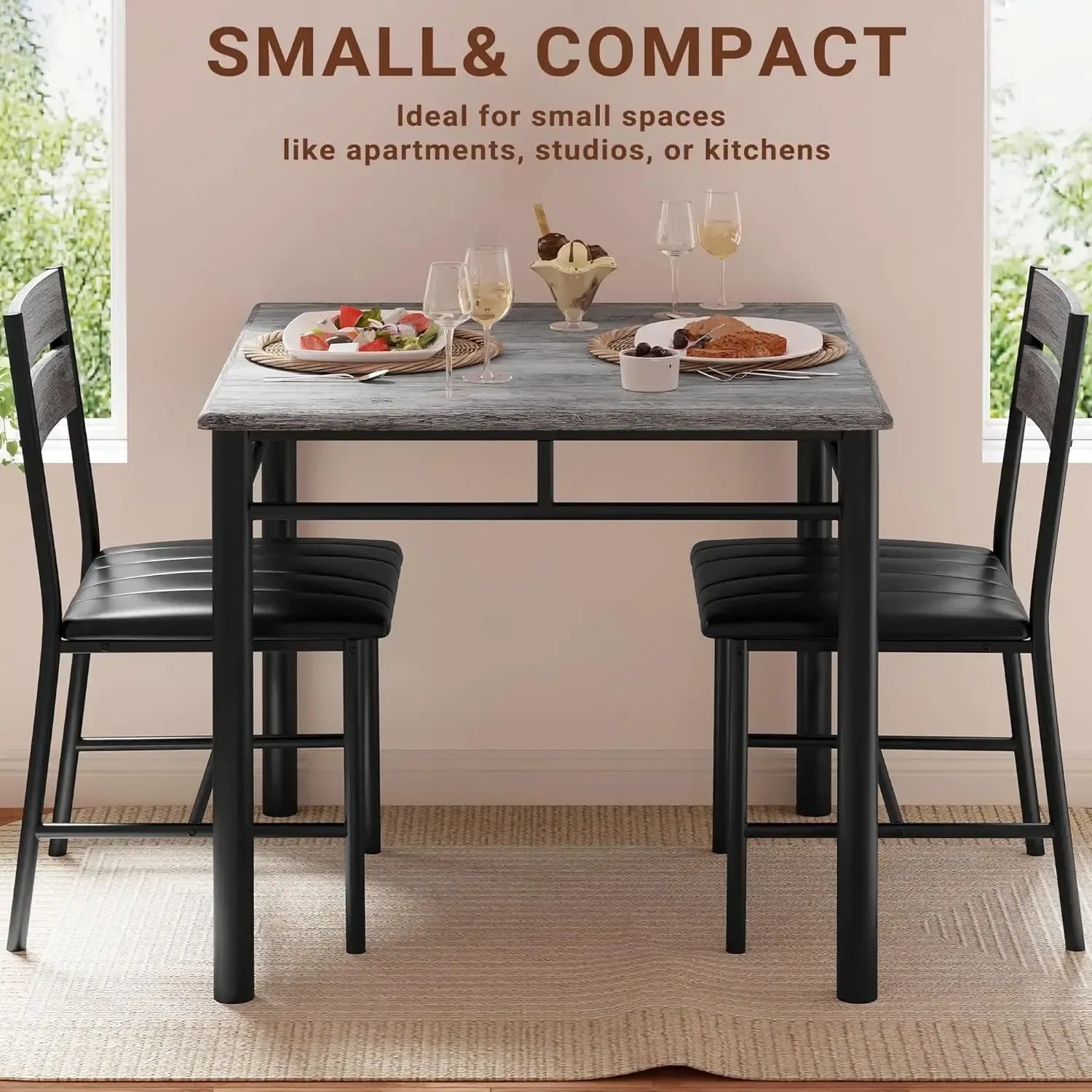 3-Piece Compact Dining Set Small Kitchen Table & 2 Upholstered Chairs - Ninjanew