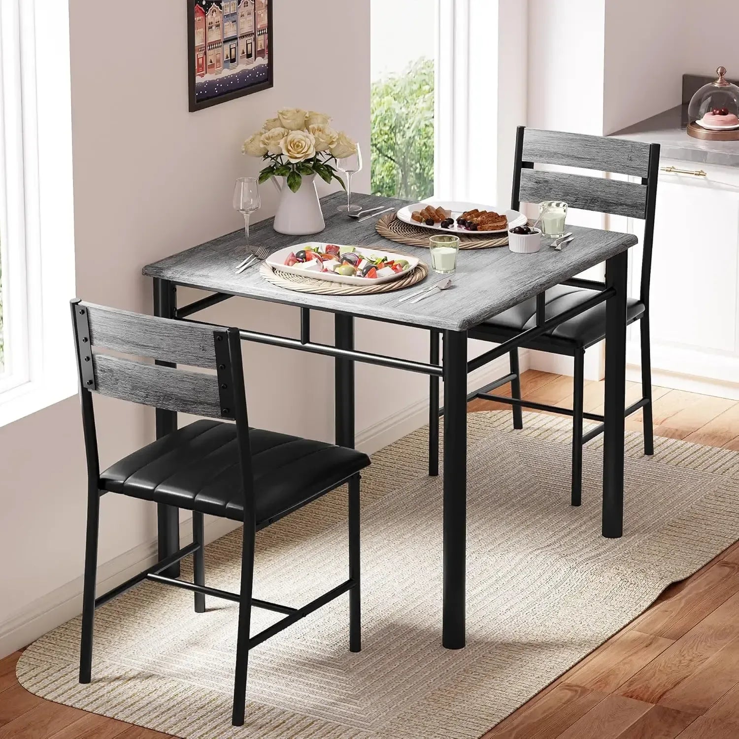 3-Piece Compact Dining Set Small Kitchen Table & 2 Upholstered Chairs - Ninjanew