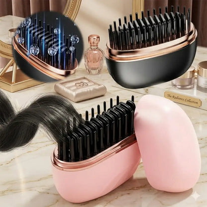 Hairbrush with pink and black design on a marble surface with vanity items.
