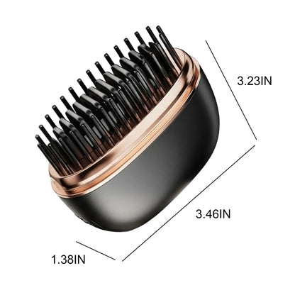 Hair dryer with bristle brush attachment and measurements on a white background