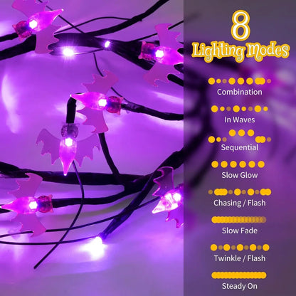 Halloween Willow Vine String Lights 8 Modes Bat & Pumpkin LED Decor - Pumpkins Vine Strips