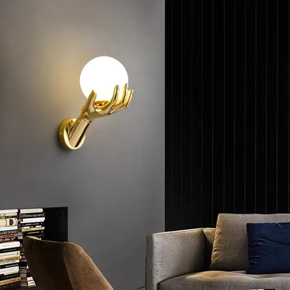 Creative Hand LED Wall Lamp – Modern Resin Glass Bedside Wall Light - Glass lampshade / Three-color dimming