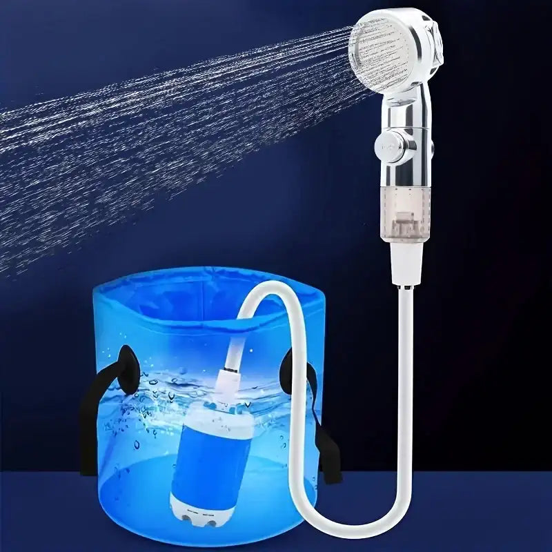 Handheld showerhead with hose and blue bucket on a dark background