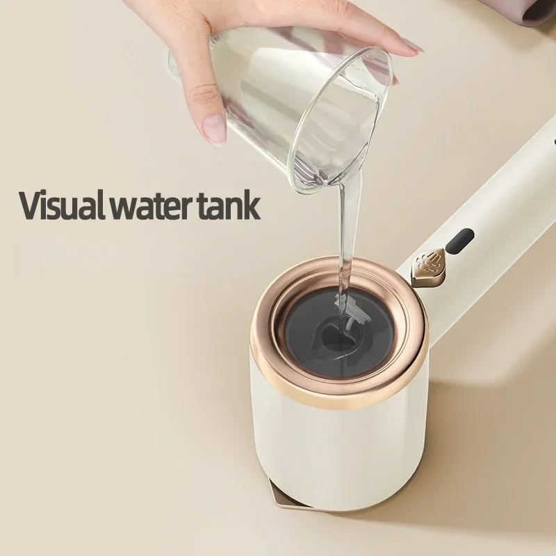 Hand pouring water into a white and gold water tank with 'Visual water tank' text.