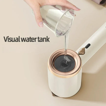Hand pouring water into a white and gold water tank with 'Visual water tank' text.