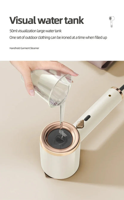 Handheld garment steamer with water tank being filled on a beige background