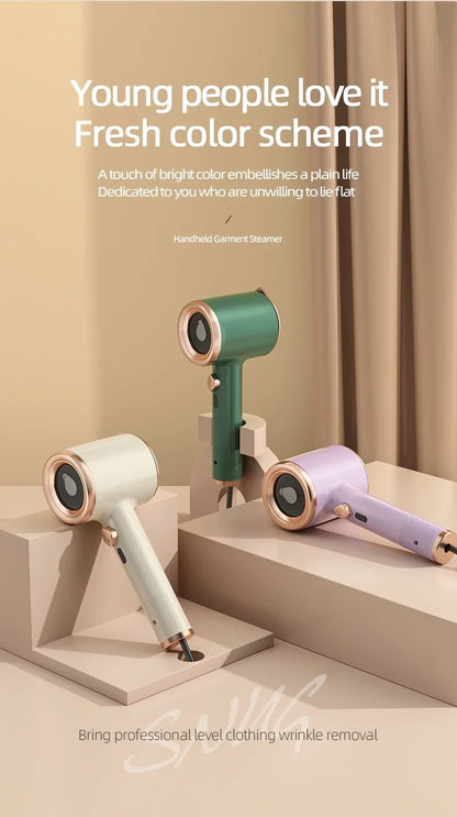 Three hair dryers in different colors on a beige platform with text about fresh color scheme.