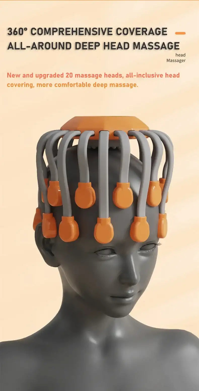 Head massager with multiple massage heads on a mannequin head against a beige background