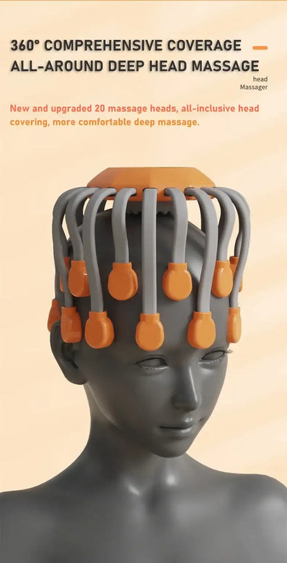 Head massager with multiple massage heads on a mannequin head against a beige background