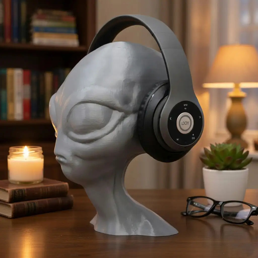 Headphone stand shaped like a head with a pair of headphones on a table with a candle and plant in the background.