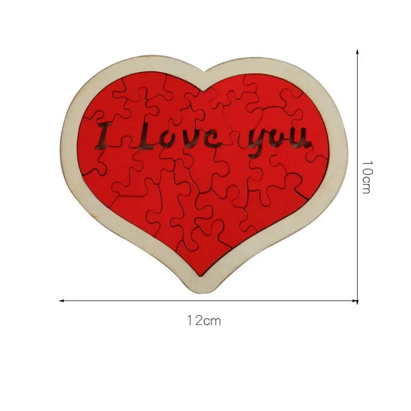 Heart-shaped puzzle with 'I Love You' text, dimensions indicated