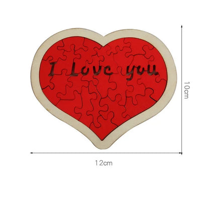 Heart-shaped puzzle with 'I Love You' text, dimensions indicated