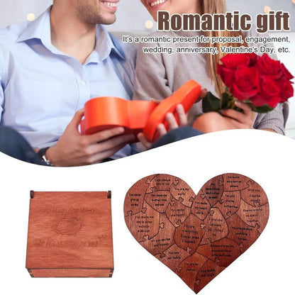 Heart-shaped wooden puzzle with engraved text, gift box, and couple holding roses with text 'Romantic gift'.