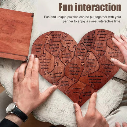 Heart-shaped wooden puzzle with romantic messages, held by two hands.