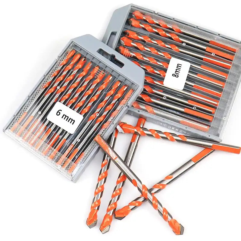 Set of drill bits with orange and gray design, labeled 6mm and 8mm, on a white background.