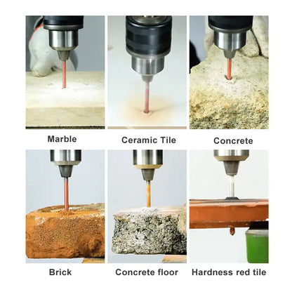 Drilling into various materials including marble, ceramic tile, concrete, brick, and hardness red tile.