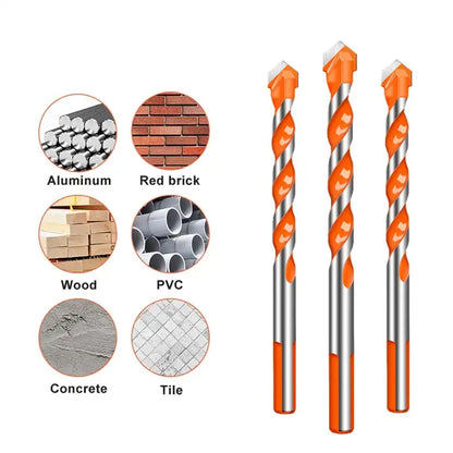 Three drill bits with orange and silver design on a white background, surrounded by images of materials they can cut.