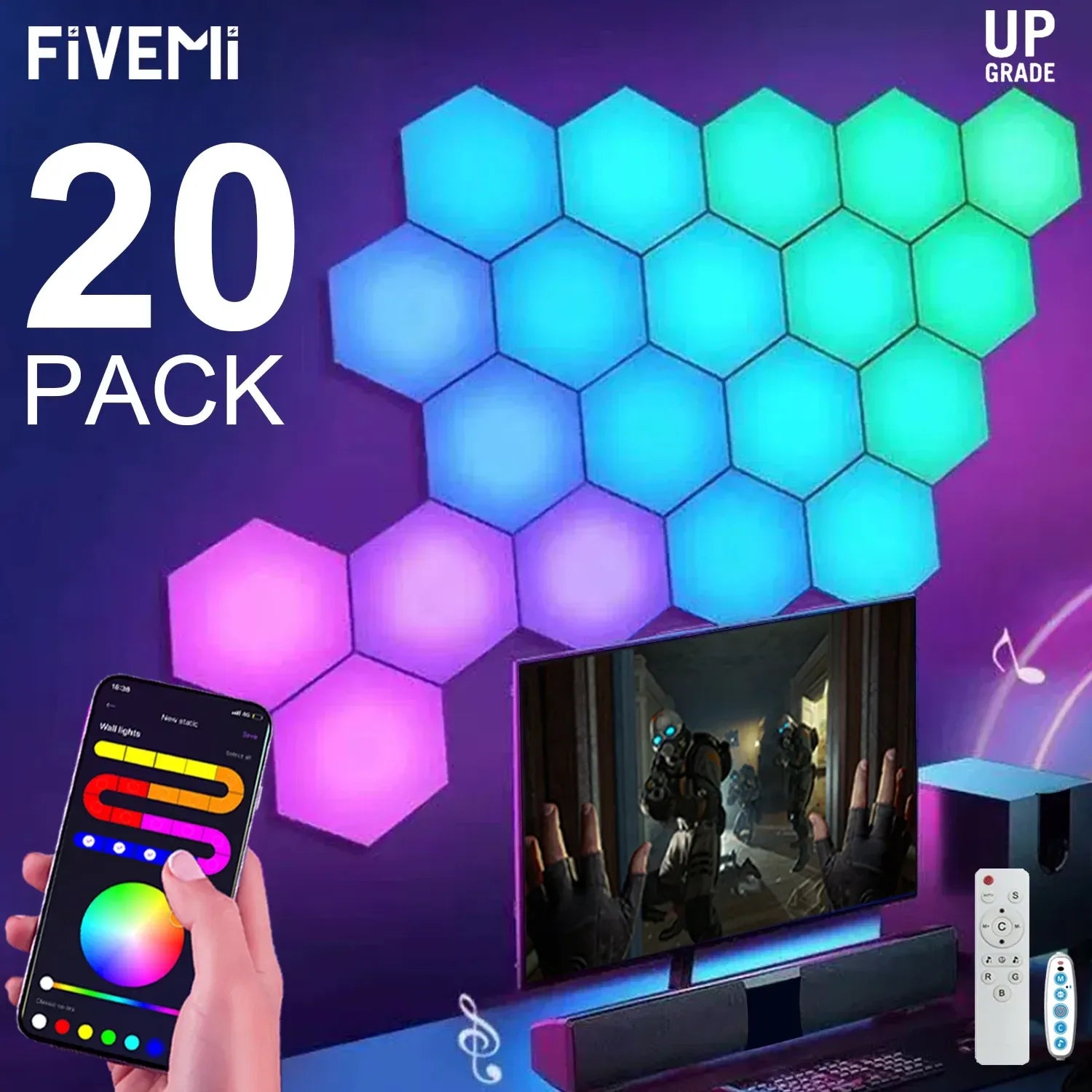 20PC Smart RGBIC Hexagon Wall Lights DIY Music Sync LED Panels with App Control - Ninjanew