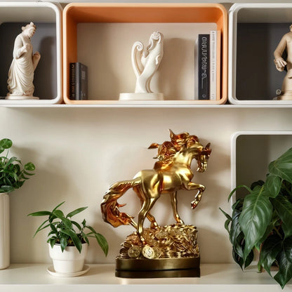 Gold horse statue on a shelf with decorative items and plants
