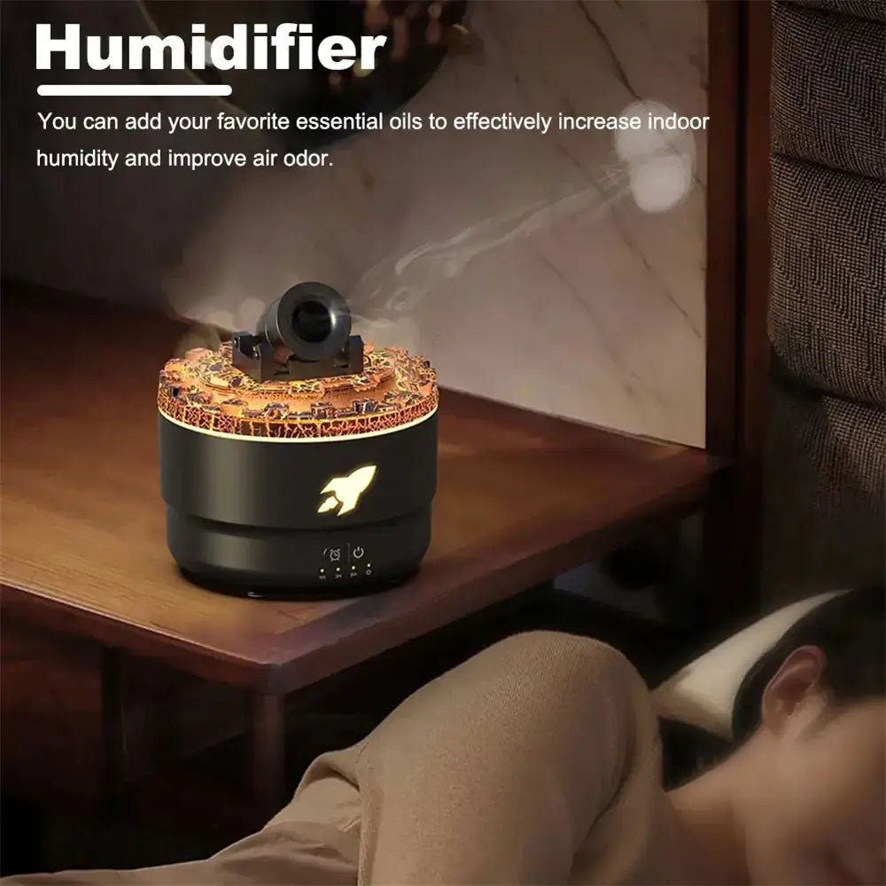 Humidifier on a wooden table with a person sitting nearby, emitting mist.