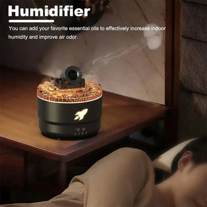Humidifier on a wooden table with a person sitting nearby, emitting mist.