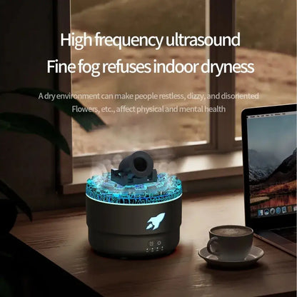 Humidifier emitting mist on a desk with a laptop and cup of coffee, text about high frequency ultrasound and indoor dryness.