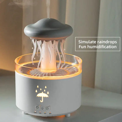 Humidifier with cloud and raindrop design on a neutral background