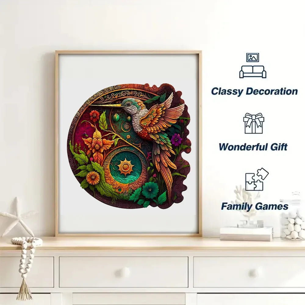 Framed artwork with a colorful design of a bird and flowers on a wall.