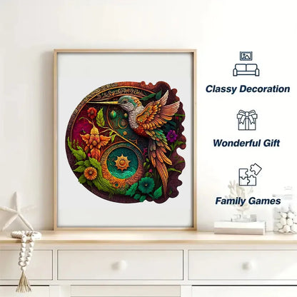 Framed artwork with a colorful design of a bird and flowers on a wall.