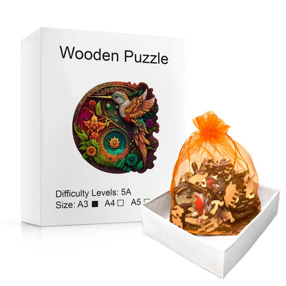 Wooden puzzle packaging with a decorative box and transparent bag containing wooden pieces.