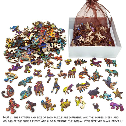 Colorful puzzle pieces in a box with a note about pattern and size differences.